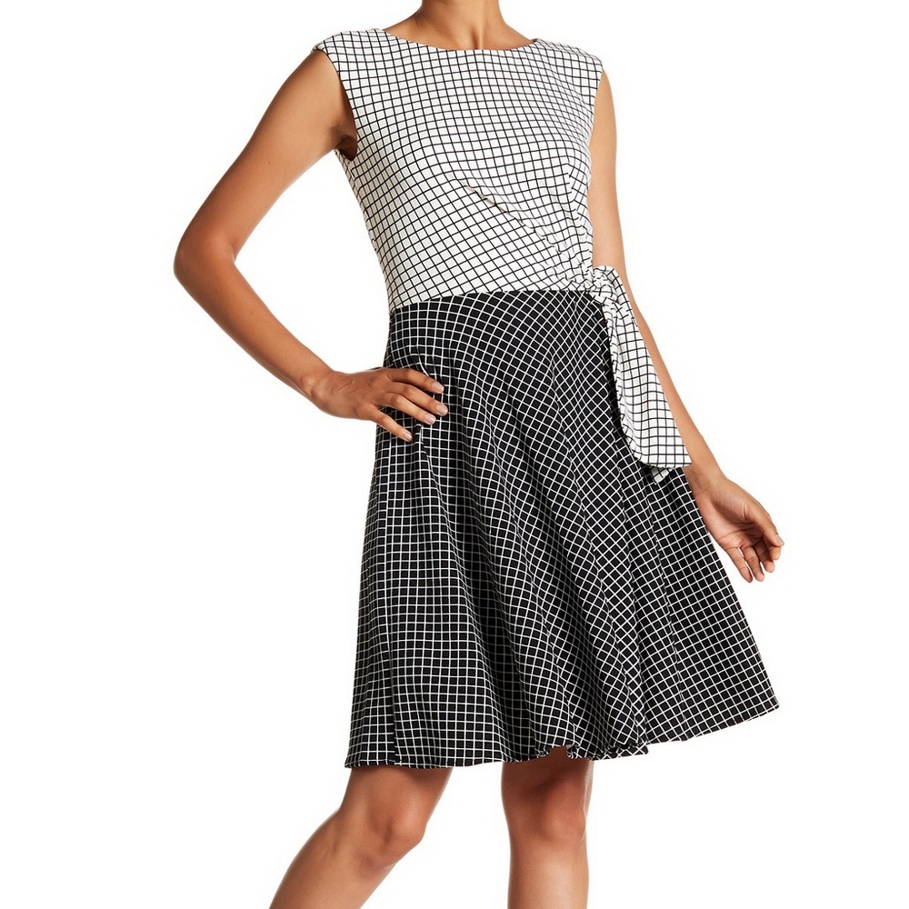 NWT Tahari Mini Check Two Tone Dress, Black White US 6 US 8